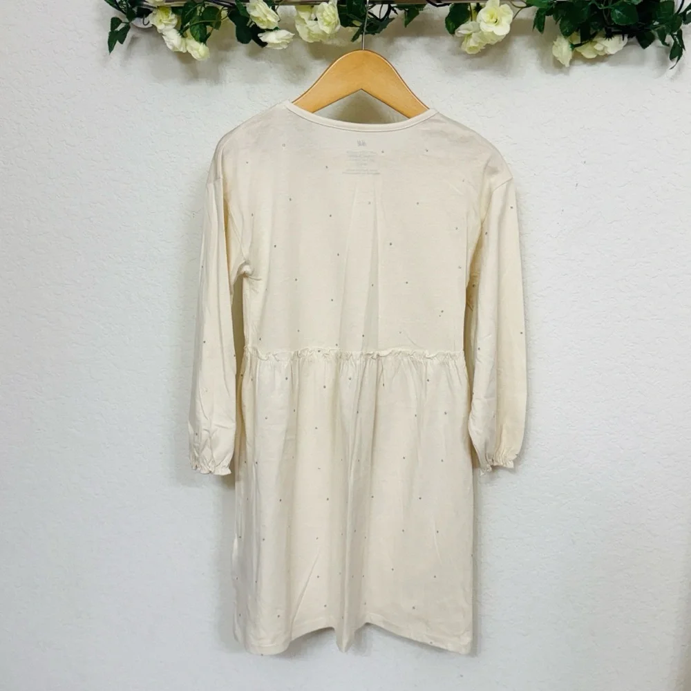 H&M • Cream Cotton Ruffle T-shirt Dress with Shimmering Silver Polka Dot Detail